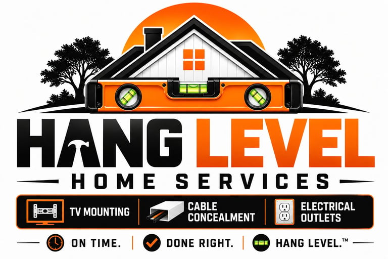 Hang Level Home Services logo featuring a house with level and text highlighting TV mounting, cable concealment, and electrical outlets